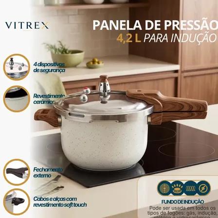 Panela de Pressão Vitrex Moncler 4.2 L Cerâmica e Indução com 4 Válvulas de Segurança